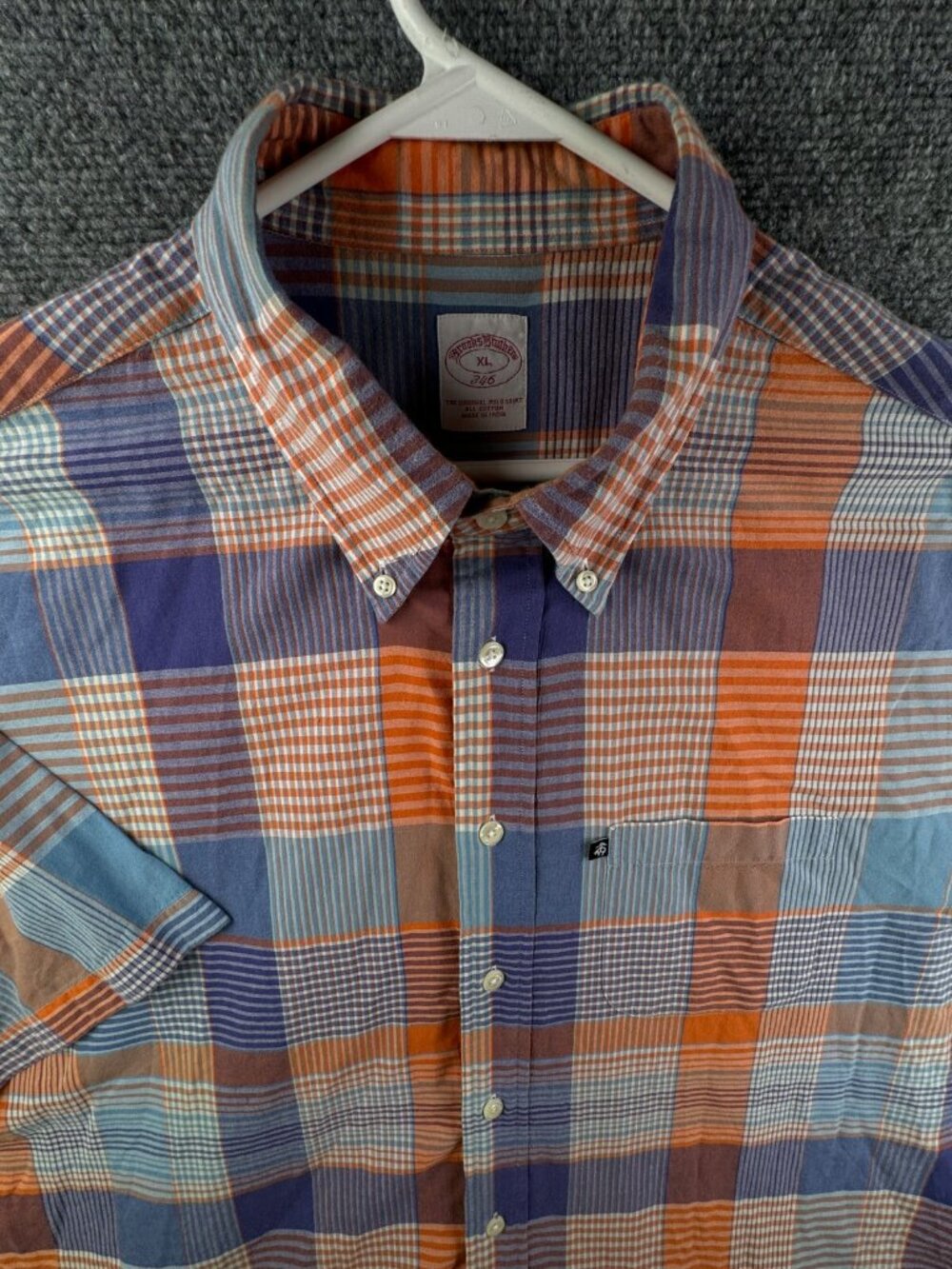Brooks Brothers Button Up Shirt Short Sleeve Plaid Orange Blue XL All Cotton